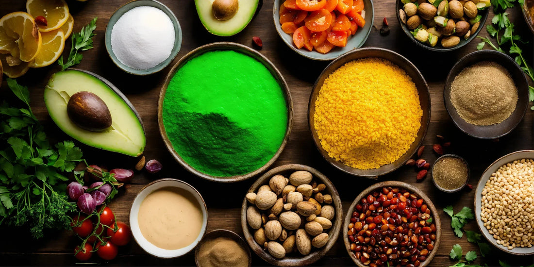 A variety of fresh, nutrient-rich foods promoting healthy skin.