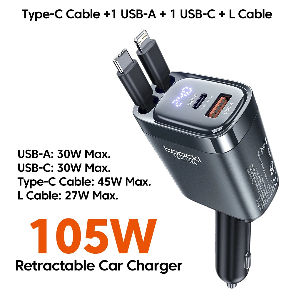 KentDO™ Retractable Car Charger – 105W Fast Multi-Device Adapter