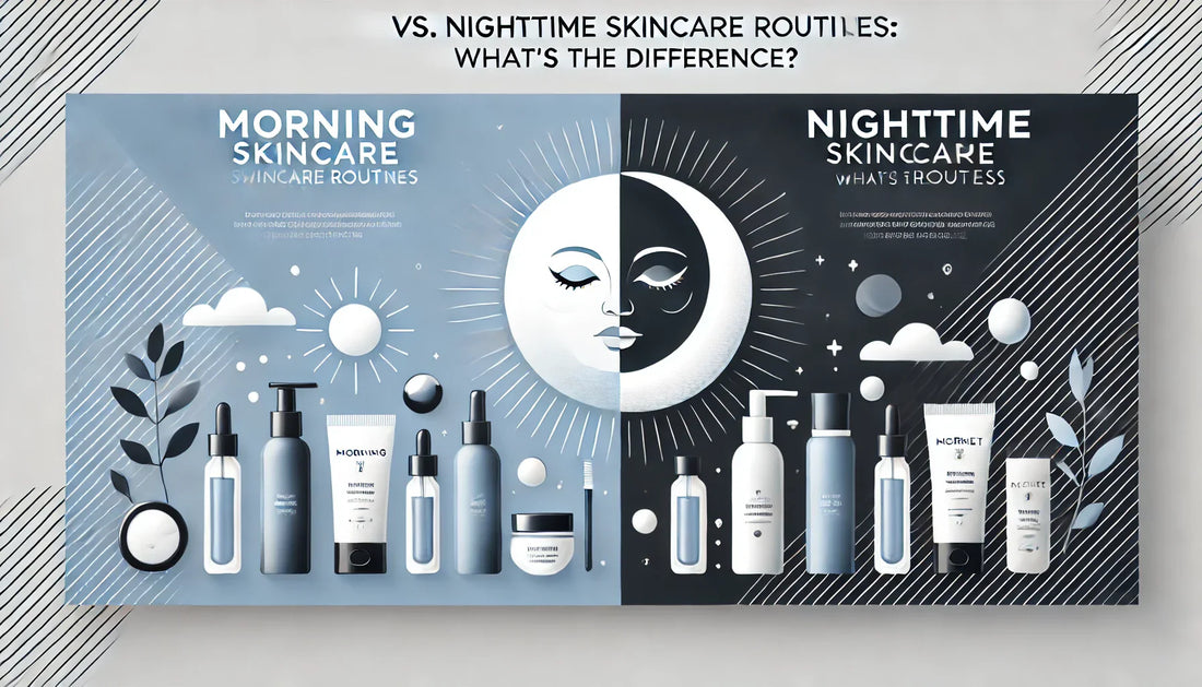 A modern and minimalistic banner comparing morning and nighttime skincare routines.