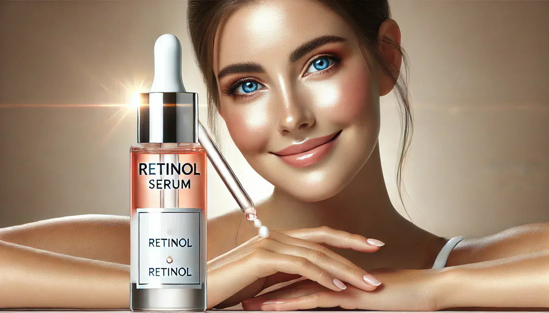 A close-up of a skincare product with retinol, alongside a glowing, youthful complexion.