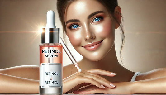 A close-up of a skincare product with retinol, alongside a glowing, youthful complexion.