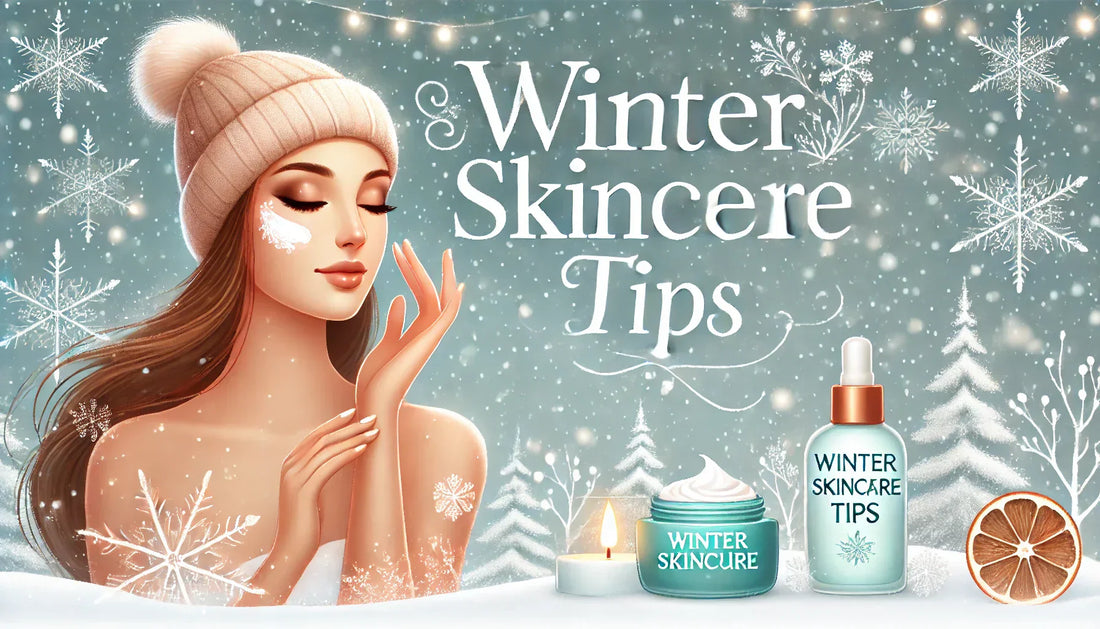 A winter skincare banner featuring a woman applying skincare products with a snowy background.