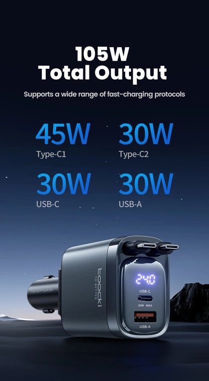 KentDO™ Retractable Car Charger – 105W Fast Multi-Device Adapter