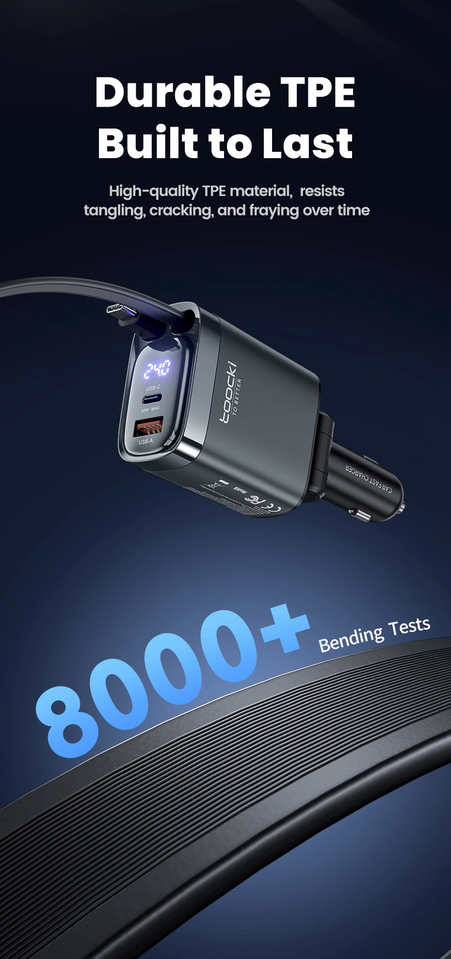 KentDO™ Retractable Car Charger – 105W Fast Multi-Device Adapter