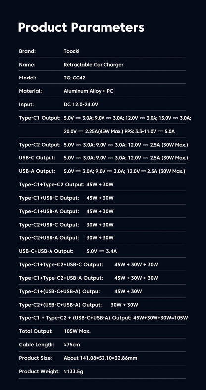 KentDO™ Retractable Car Charger – 105W Fast Multi-Device Adapter
