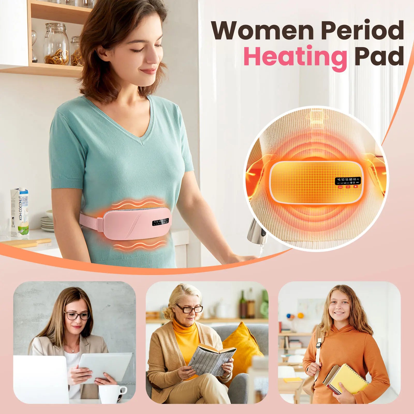 Rechargeable menstrual heating belt designed for targeted abdominal warmth