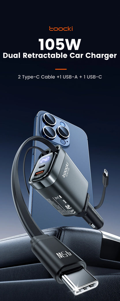 KentDO™ Retractable Car Charger – 105W Fast Multi-Device Adapter