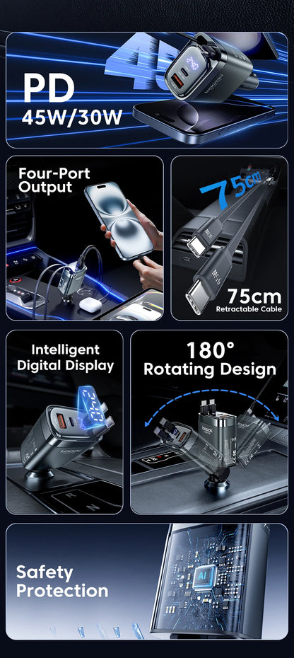 KentDO™ Retractable Car Charger – 105W Fast Multi-Device Adapter