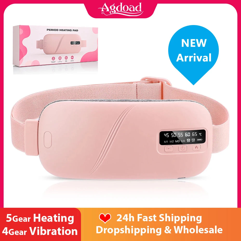 Rechargeable menstrual belt showing adjustable controls for heat and vibration