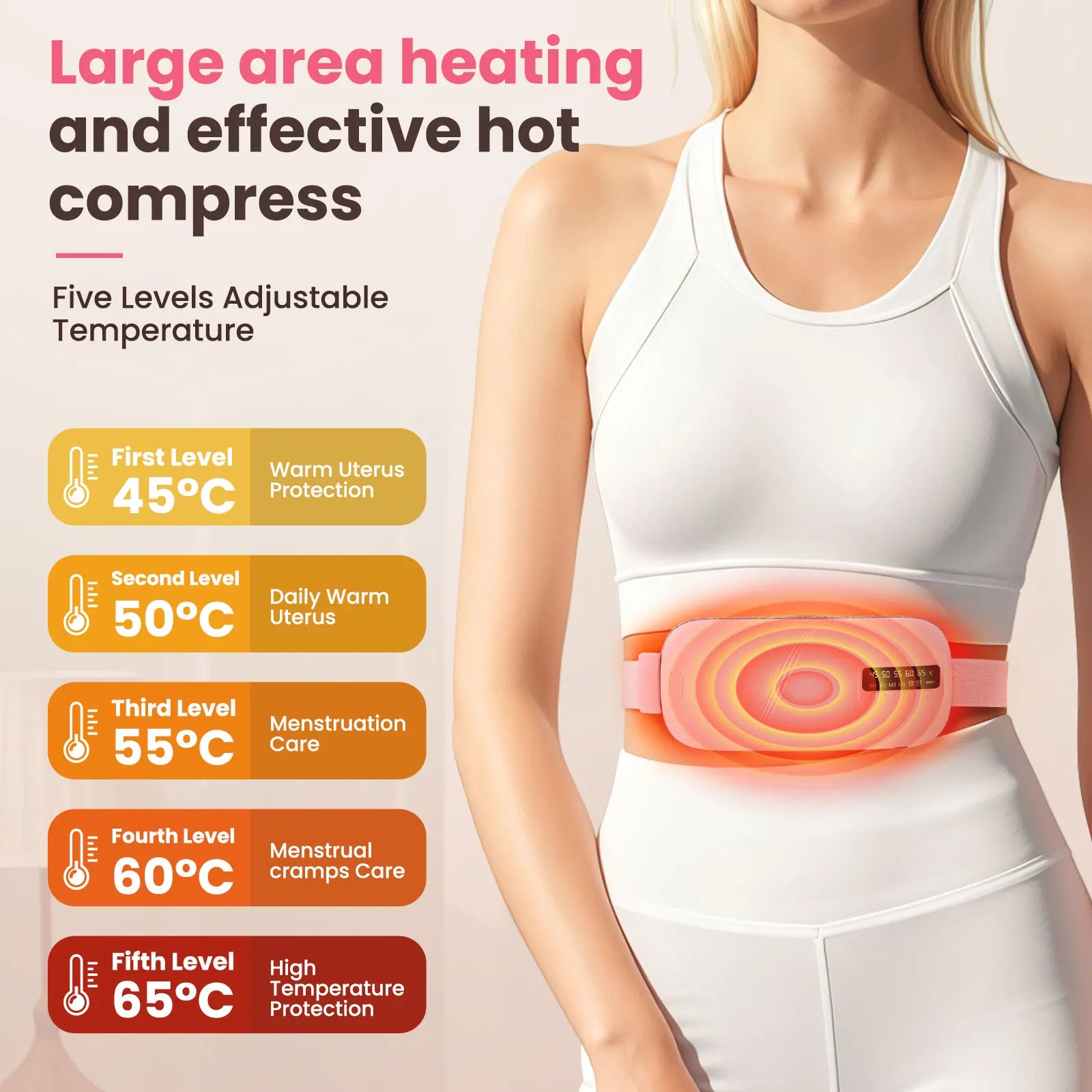 Menstrual heating belt showing rechargeable heat and vibration design