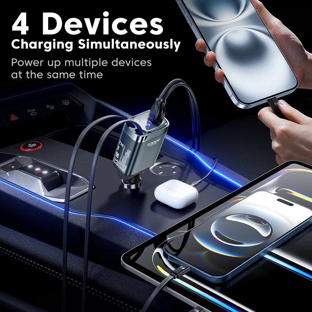 KentDO™ Retractable Car Charger – 105W Fast Multi-Device Adapter