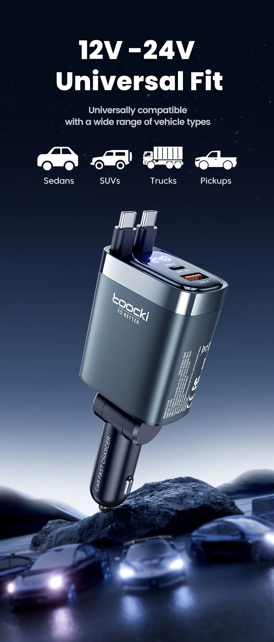 KentDO™ Retractable Car Charger – 105W Fast Multi-Device Adapter