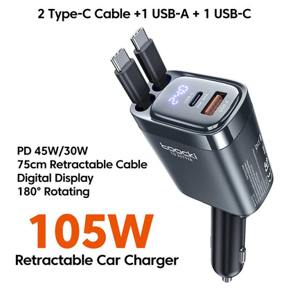 KentDO™ Retractable Car Charger – 105W Fast Multi-Device Adapter