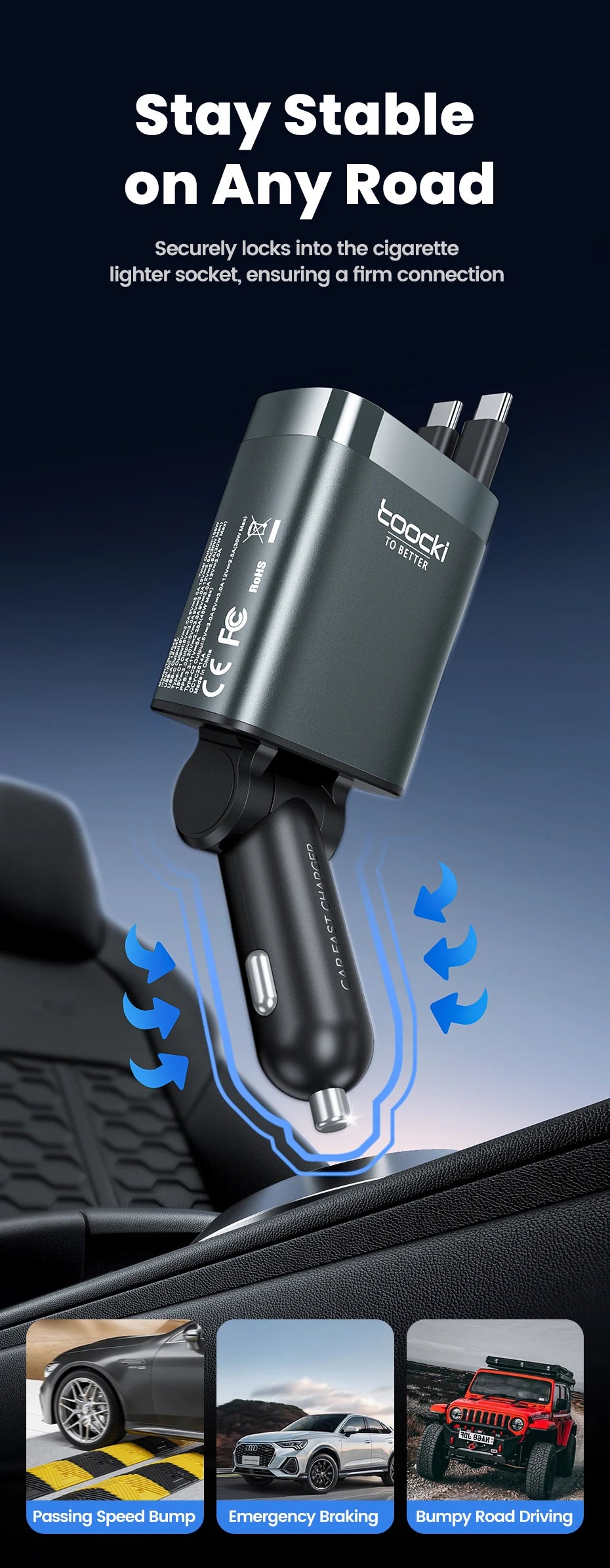 KentDO™ Retractable Car Charger – 105W Fast Multi-Device Adapter