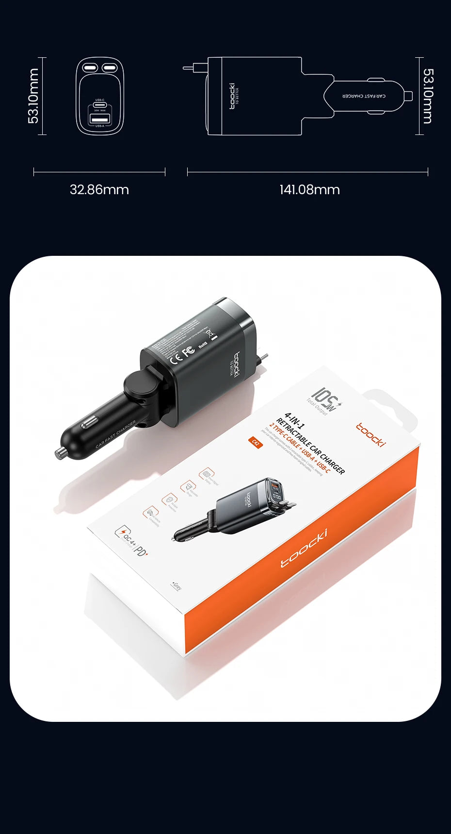 KentDO™ Retractable Car Charger – 105W Fast Multi-Device Adapter