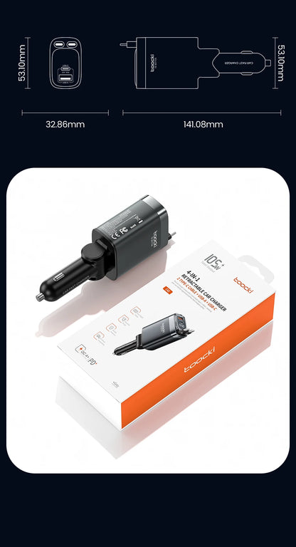 KentDO™ Retractable Car Charger – 105W Fast Multi-Device Adapter