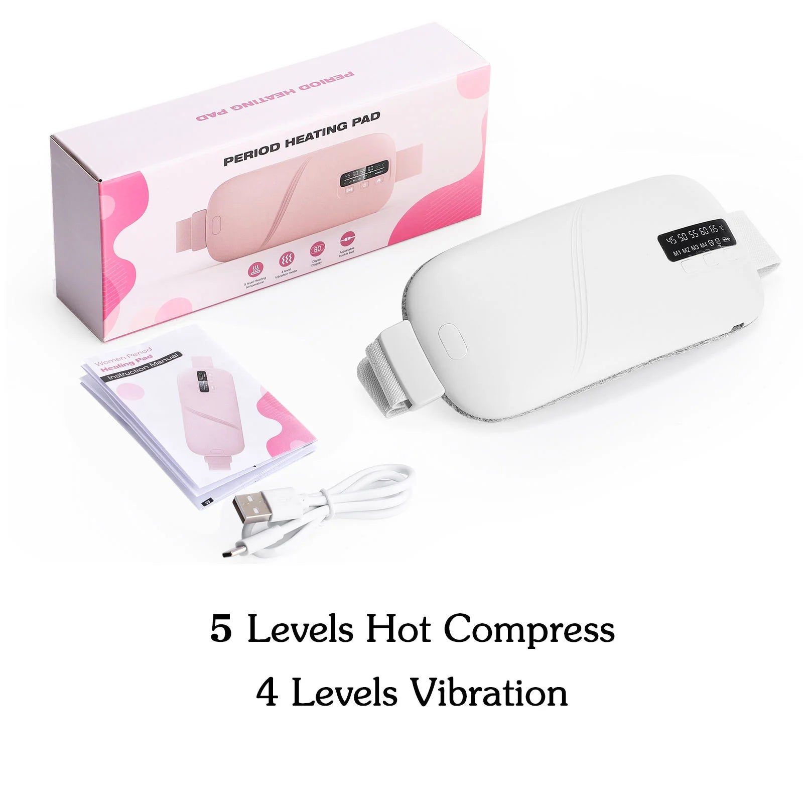 Portable menstrual heating belt showing cordless design and abdominal placement
